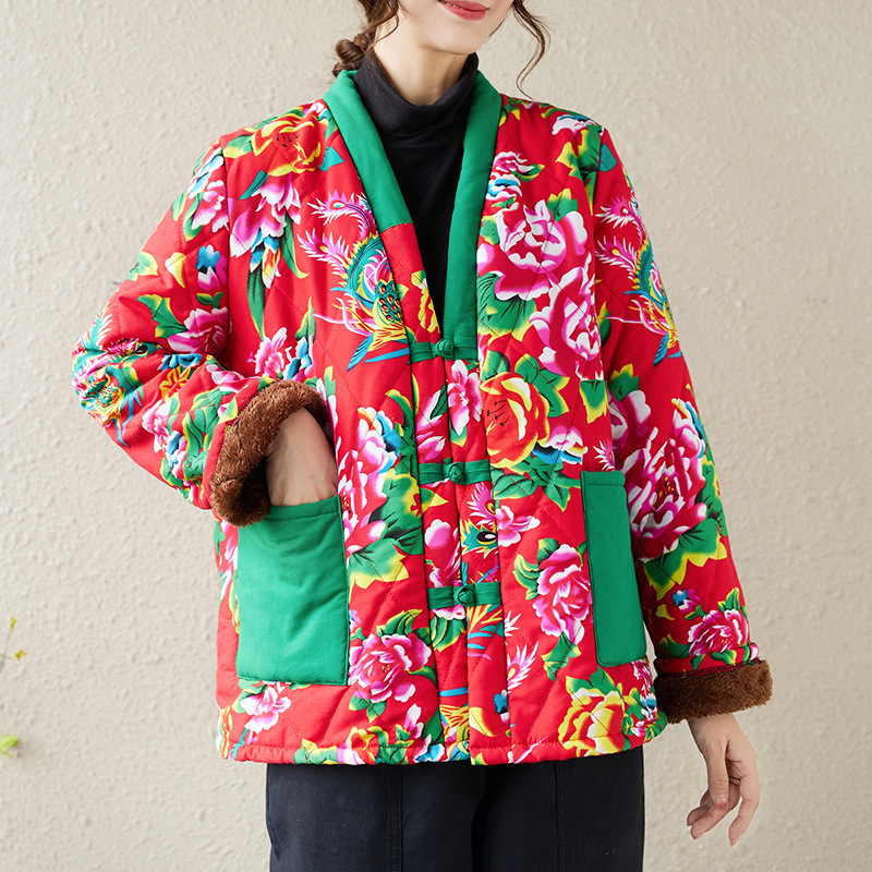 Traditional Winter Japanese Clothing - Northeast China Print Flower Cotton-Padded Jacket