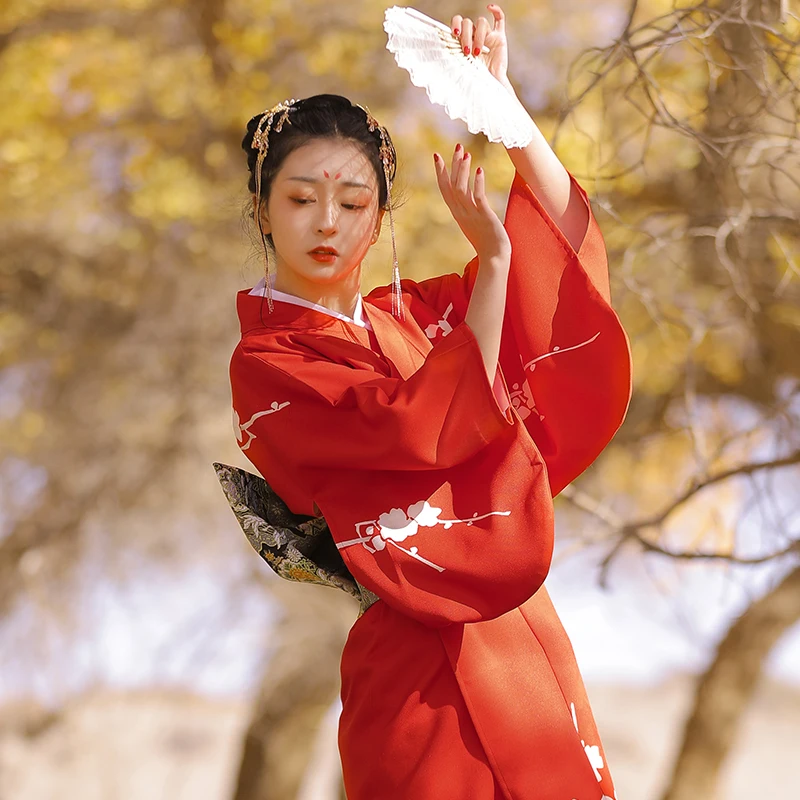 Red Color Winter Plum Prints W - Traditional Winter Japanese Clothing incelemesi ve fiyatı