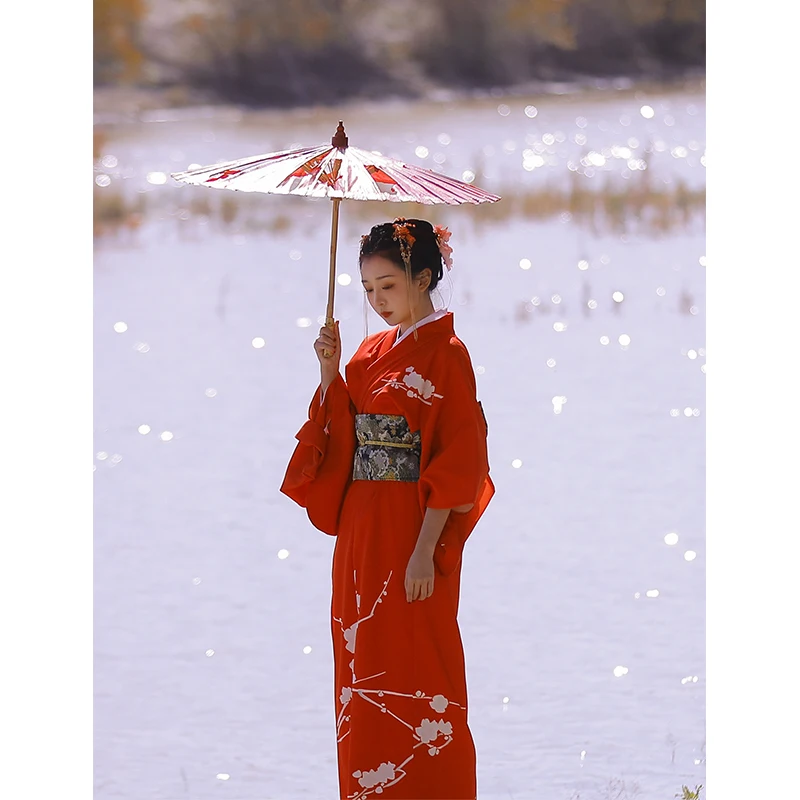 Red Color Winter Plum Prints W - Traditional Winter Japanese Clothing incelemesi ve fiyatı