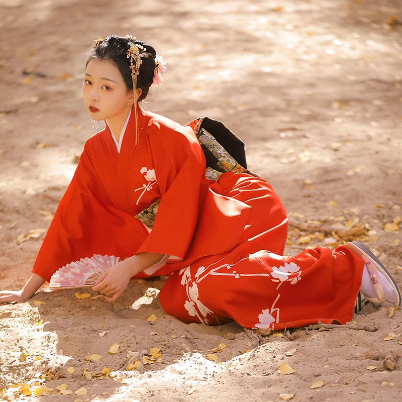 Red Color Winter Plum Prints W - Traditional Winter Japanese Clothing incelemesi ve fiyatı